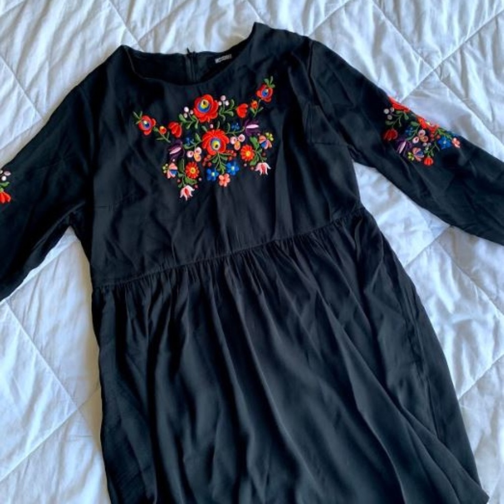 Black Embroidered Long Sleeve Dress